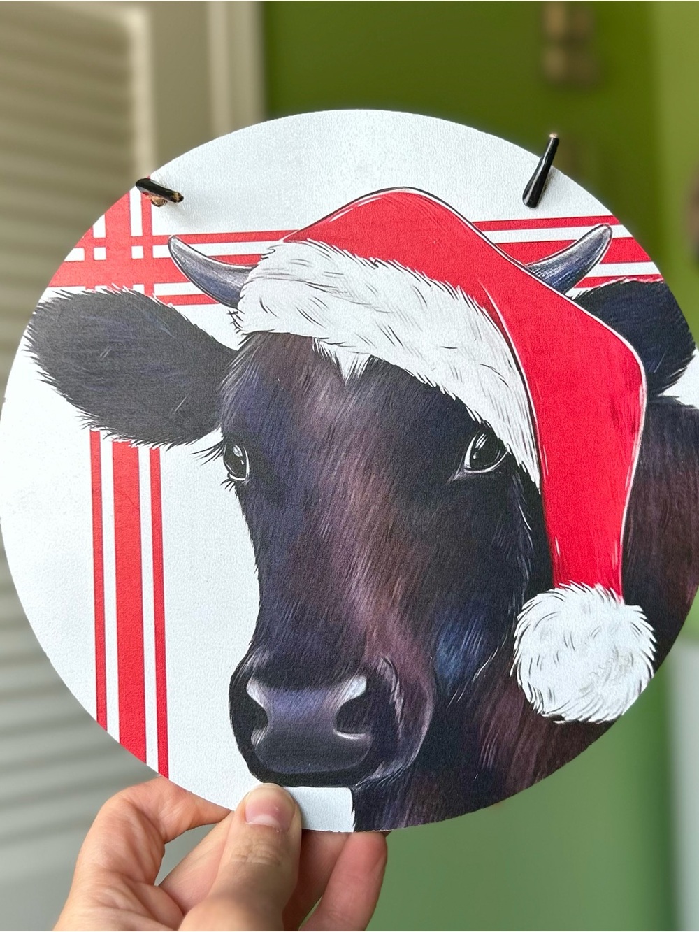 Holiday Rounded Cow Christmas decoration with Red & White stripes Wall Decor